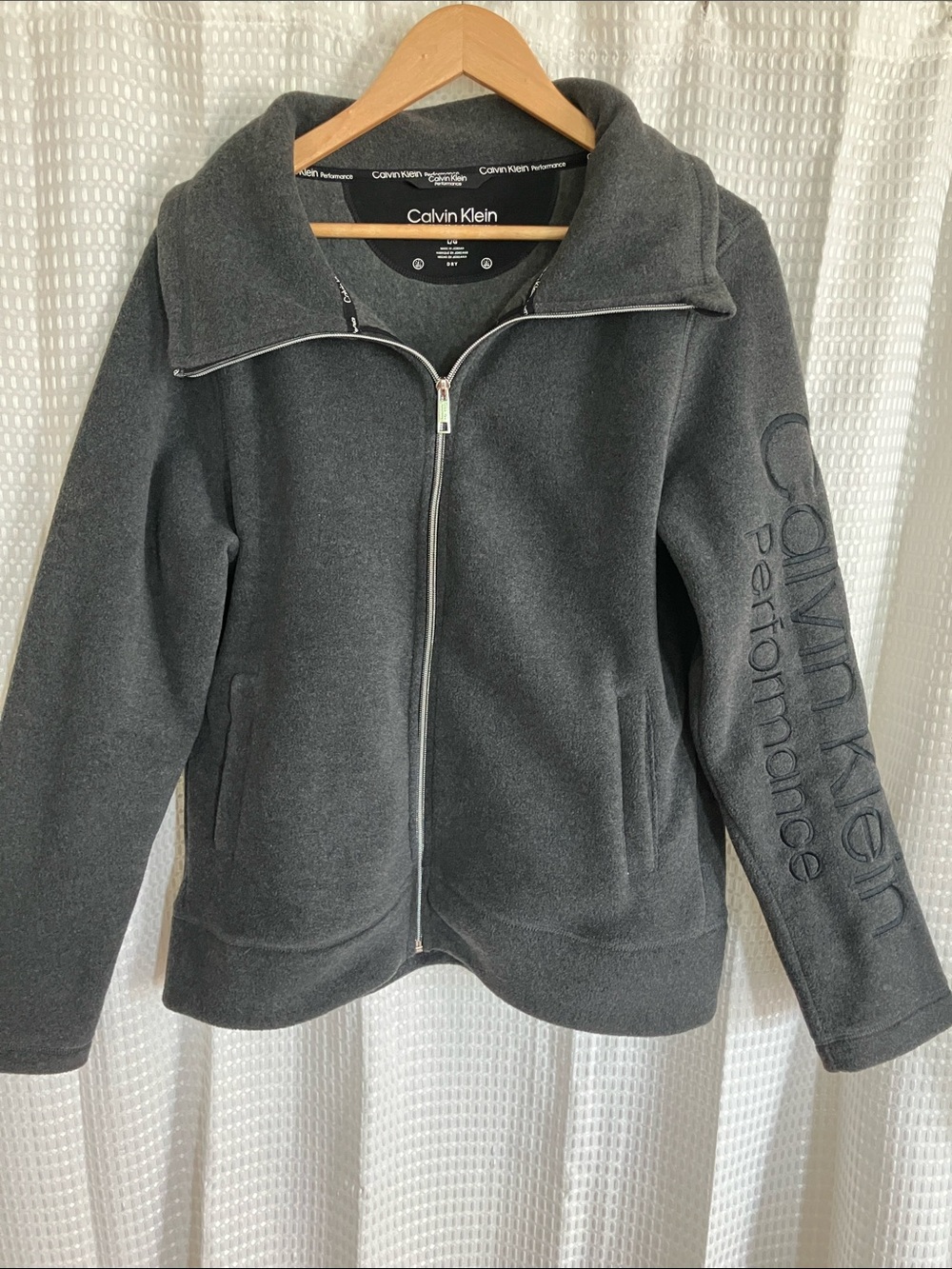 Calvin Klein Performance Fleece Jacket L Gray Full Zip Logo Sleeve Quick Dry